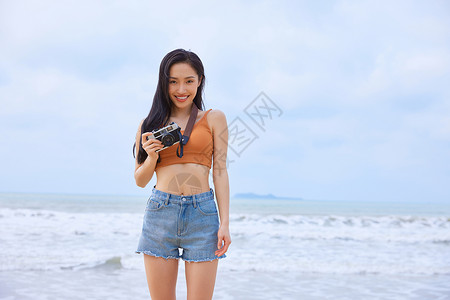 沙滩比基尼美女写真夏日文艺美女海边旅行背景