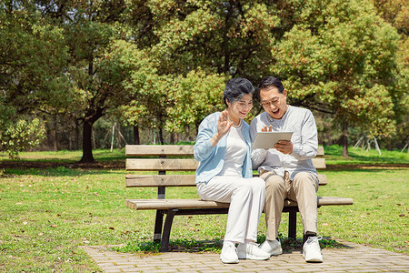 户外阅读看书的老年夫妇休闲高清图片素材