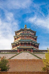 夏天北京颐和园地标佛香阁和昆明湖图片