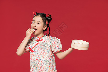 红色背景中国风旗袍儿童背景图片