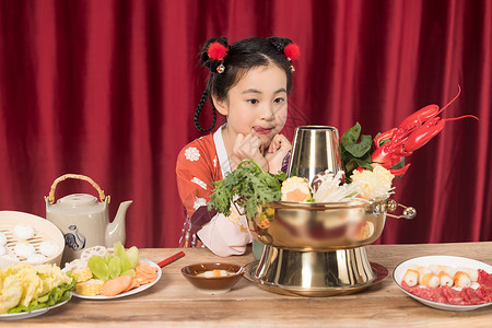 小孩古装素材古装小女孩吃火锅背景