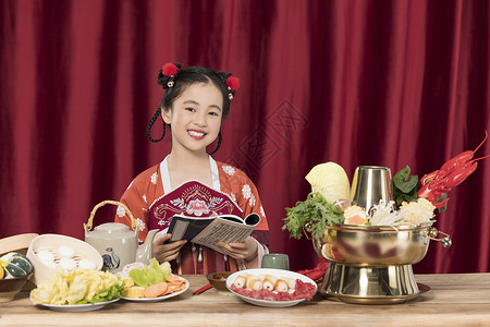可爱古代小孩古装小女孩吃火锅背景