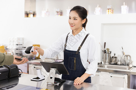 饮品店三折页饮品店女性服务员扫码收款背景