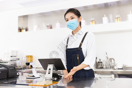 饮品店女服务员戴口罩服务咖啡厅高清图片素材