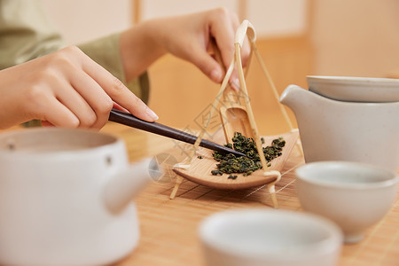 茶道茶艺美女盛筛茶叶特写图片