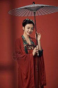 中国风圆扇手拿油纸伞的中国风古装美女背景