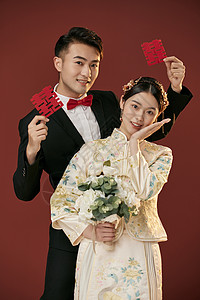 中式新郎俏皮中式结婚照背景