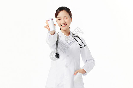 护士节药瓶青年女医师展示药品背景