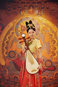 弹奏琵琶的敦煌女性背景图片
