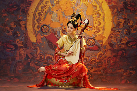 琵琶古风素材弹奏琵琶的西域女人背景