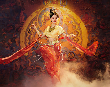 拿月饼的仙女中国风敦煌美女拿竹笛跳舞背景