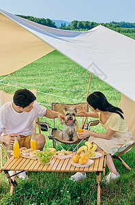年轻夫妻带着宠物狗户外露营度假高清图片