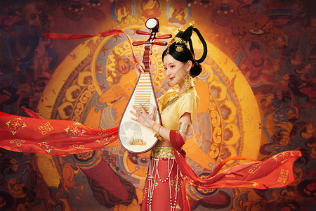 中国美女壁纸敦煌飞天舞美女弹奏琵琶背景