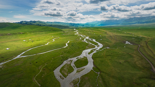 省份分布5A景区航拍新疆那拉提草原上分布的河流背景