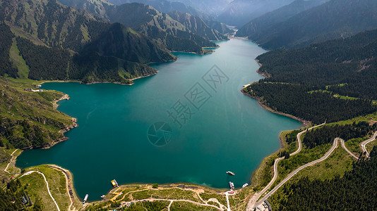 国家的航拍5A新疆天山天池景区标志景点大天池背景