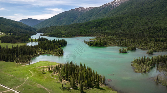 双湾航拍5A景区新疆阿勒泰喀纳斯第一道湾神仙湾背景