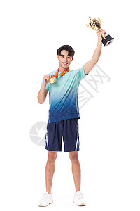手握奖杯的运动员形象背景图片