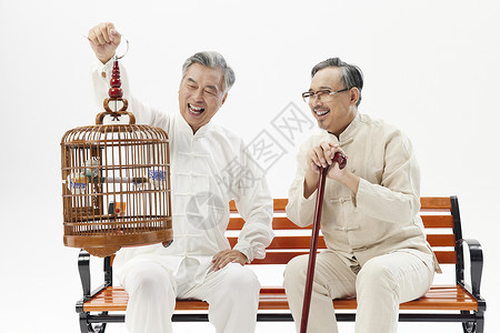 两位老年人遛鸟聊天高清图片