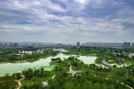 航拍视角下的西安香湖湾长安塔风景背景