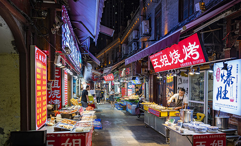 养护院青岛劈柴院小吃街夜景背景