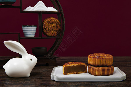 玉兔靠着月饼中秋节月饼和玉兔背景