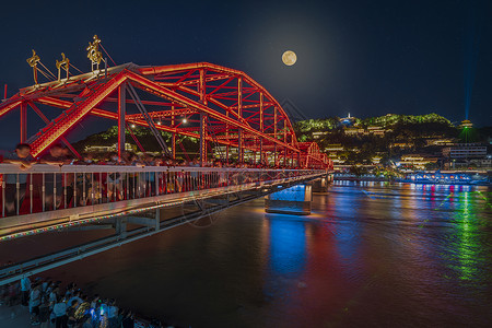 红色圆兰州中山桥夜景背景