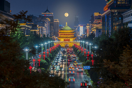 高清月亮西安城市夜景背景