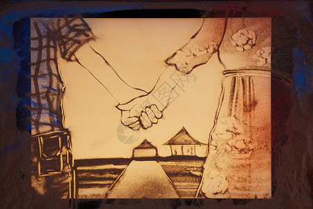 手绘男人和女人手绘沙画情侣手牵手背景