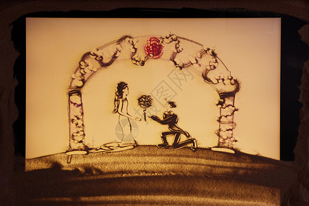 手绘男人和女人手绘沙画新郎向新娘送花求婚背景