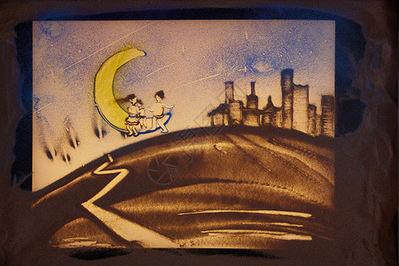 铅彩手绘素材手绘沙画情侣坐在月亮上背景