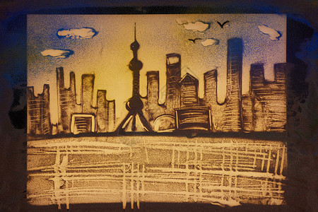 上海手绘手绘沙画上海外滩背景