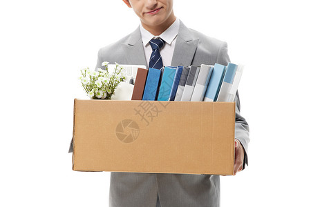 商务男性被开除抱着办公用品纸箱特写人像高清图片素材