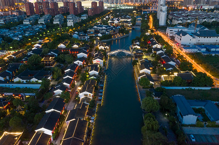 航拍苏州著名旅游景点斜塘老街夜景高清图片