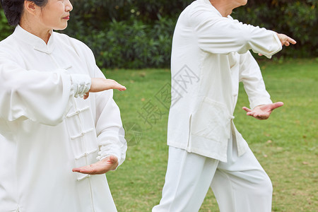 打太极男子老年夫妻公园打太极特写背景