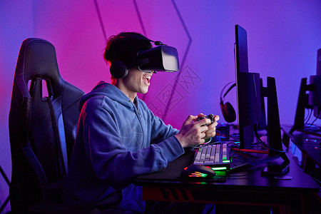 沉迷网游电竞选手戴VR眼镜打游戏背景