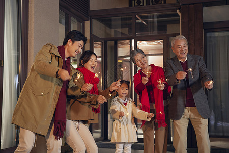 烟花和红旗幸福一家人庆祝春节背景