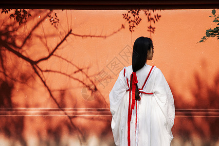 版中国风美女红墙树影摇曳前的古风美女背景