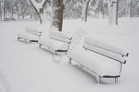 雪后公园中的长凳图片