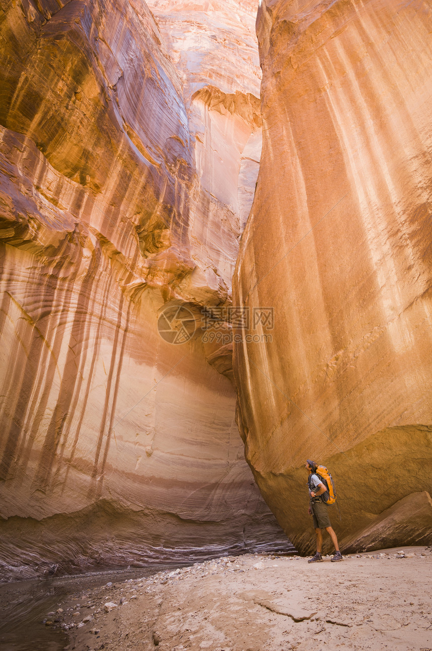 美国犹他州维米利翁克夫荒野帕里亚峡谷的男远足者图片