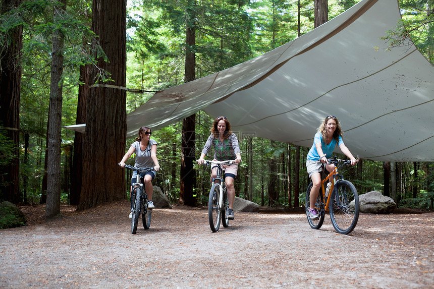 三名妇女骑山地车穿越森林图片