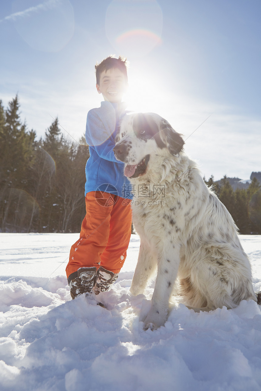 享受在雪中玩耍的儿童和狗狗图片