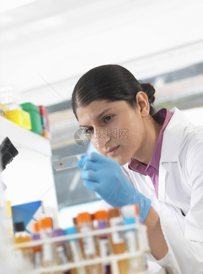 年轻女科学家在实验室观看血液样本图片