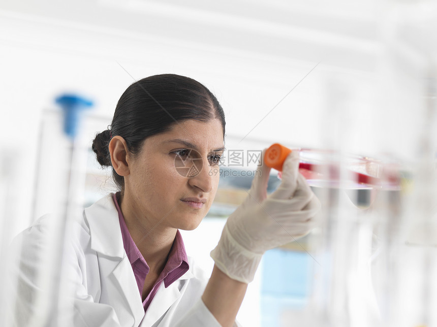 实验室女生物学家持有含干细胞的酒瓶图片