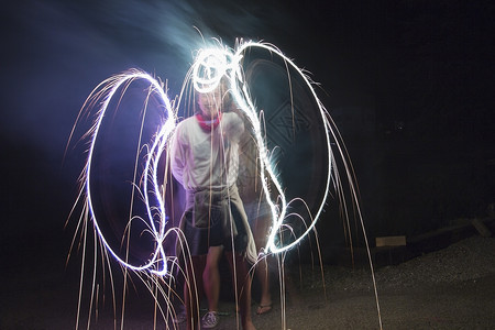 两个成年朋友在美国独立日的黑暗中制造火花天使翅膀图片