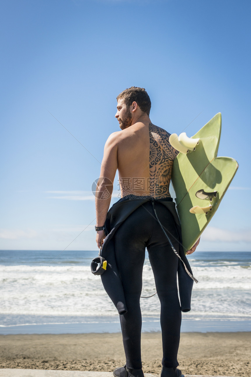 海滩上拿着冲浪板的成熟男性背影图片