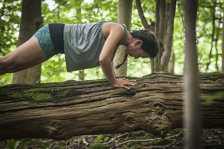 女人在森林中原木上做俯卧撑背景图片
