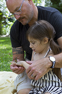 父亲带着儿子和女儿看着停留在手上的蝴蝶图片