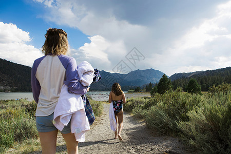美国加利福尼亚州Mammoth湖两名年轻妇女在湖边漫步携带毛巾图片