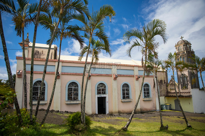 留尼汪岛粉教堂和棕榈树图片