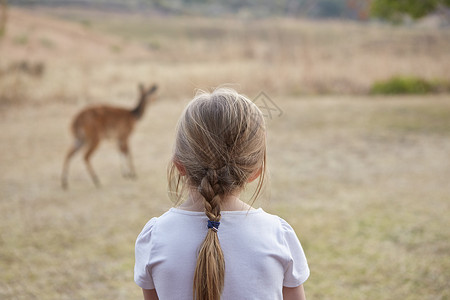 农村女孩观看山上雷德巴克羚羊高清图片